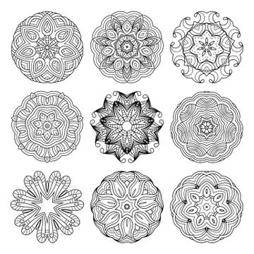 Flower vector mandalas set. Collrction of oriental circle patterns, coloring  Stock Illustration