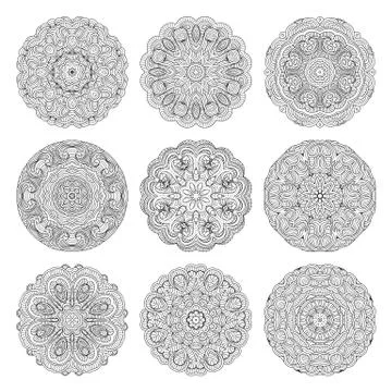 Flower vector mandalas set. Collrction of oriental circle patterns, coloring  Stock Illustration