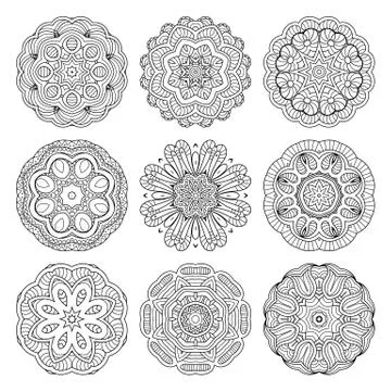 Flower vector mandalas set. Collrction of oriental circle patterns, coloring  Stock Illustration