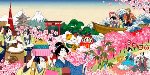 Flower viewing in ukiyo-e style Stock Illustration