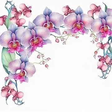 Flower watercolor border with orchid. Stock Illustration