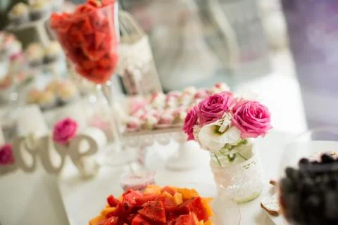 Flower wedding decoration on the table Stock Photos
