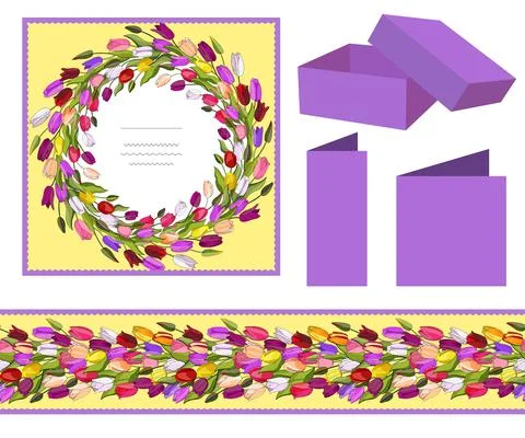 Flower wreath and seamless pattern with tulips. Stock Illustration