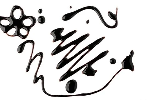 Flower, zig zag, drops and wavy lines painted with chocolate on white background 스톡 사진