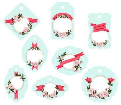 Flowered Gift Tag Shapes vector clip art isolated luggage tag with roses Stock Illustration