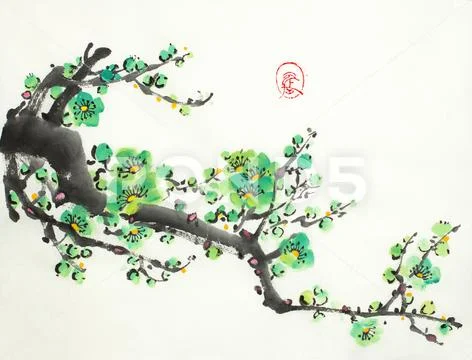 Flowering branch of plum Stock Illustration
