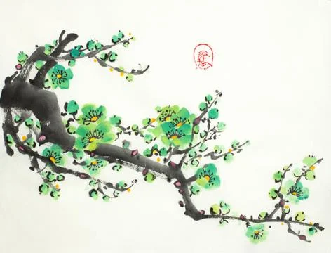 Flowering branch of plum Stock Illustration