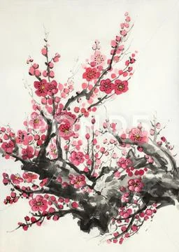 Flowering branch of plum Stock Illustration