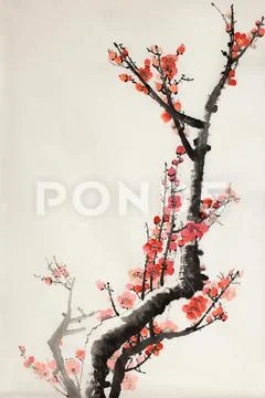 Flowering branch of plum Stock Illustration