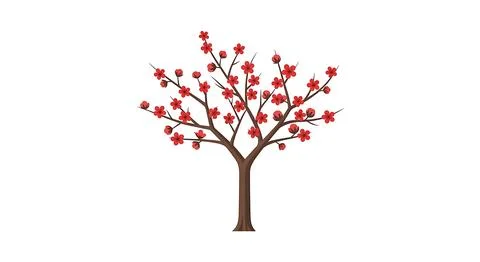 Flowering cherry blossom tree with red petals, spring season, blooming bran.. Stock Illustration