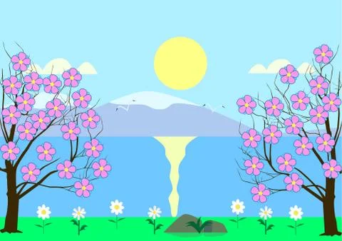 Flowering cherry on the river bank Illustration