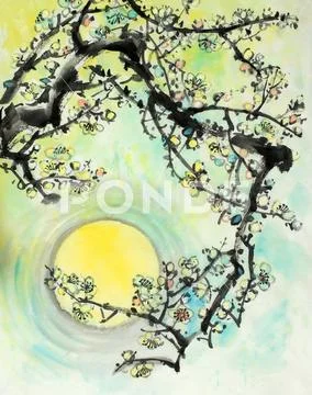 Flowering plum branch on the background of the sun Stock Illustration