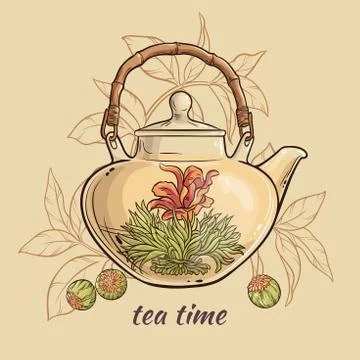 Flowering tea in teapot Stock Illustration