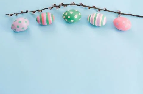 Flowering willow sprig and Easter eggs lie on a blue background, Easter, spring Stock Photos