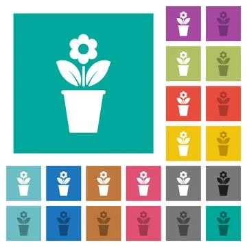 Flowerpot with flower and leaves solid square flat multi colored icons Stock Illustration