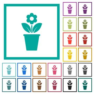 Flowerpot with flower and leaves solid flat color icons with quadrant frames 스톡 일러스트