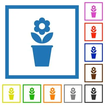 Flowerpot with flower and leaves solid flat framed icons Stock Illustration