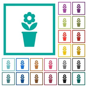Flowerpot with flower and leaves solid flat color icons with quadrant frames 스톡 일러스트