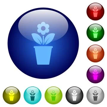 Flowerpot with flower and leaves solid color glass buttons Stock Illustration