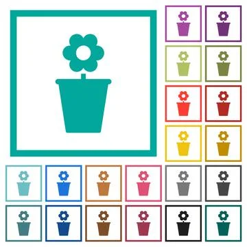 Flowerpot with flower solid flat color icons with quadrant frames Stock Illustration
