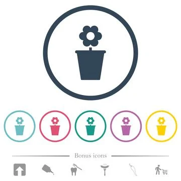 Flowerpot with flower solid flat color icons in round outlines Stock Illustration