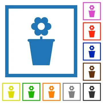 Flowerpot with flower solid flat framed icons 스톡 일러스트