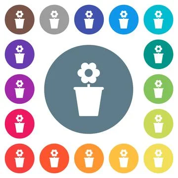 Flowerpot with flower solid flat white icons on round color backgrounds 스톡 일러스트