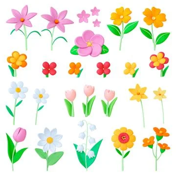 Flowers 3d elements. Summer flower toy, clay render plasticine imitation. Color Stock Illustration