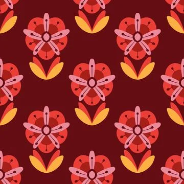 Flowers abstract 70s seamless vector pattern design on Bordeaux background 스톡 일러스트