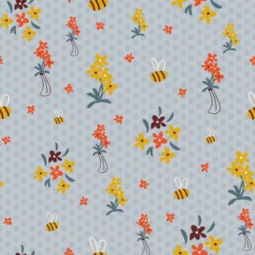 Flowers and bees seamless vector pattern Stock Illustration