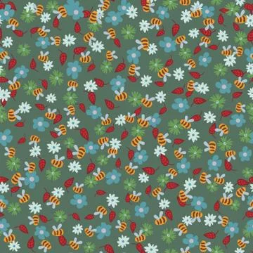 Flowers and bees seamless vector pattern Stock Illustration