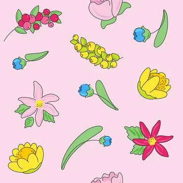 Flowers and berries pink pattern Stock Illustration