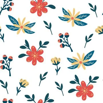 Flowers and berries seamless pattern. Creative floral texture. Blooming. Grea Stock Illustration