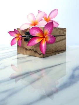 Flowers and box white marble background Foto stock