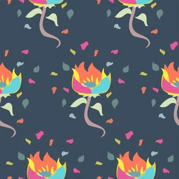 Flowers And Confetti Vector Seamless Pattern In Bright Multicolor And Navy Stock Illustration