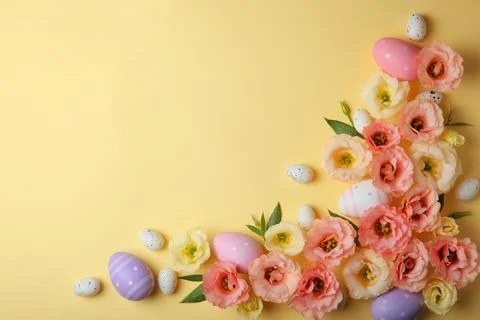 Flowers and Easter eggs on a colored background close-up. Easter background Stock Photos