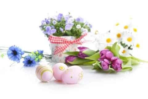Flowers and easter eggs Stock Photos
