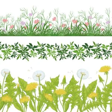 Flowers and grass, set seamless Stock Illustration