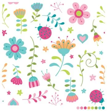 Flowers and ladybugs pattern Stockillustratie
