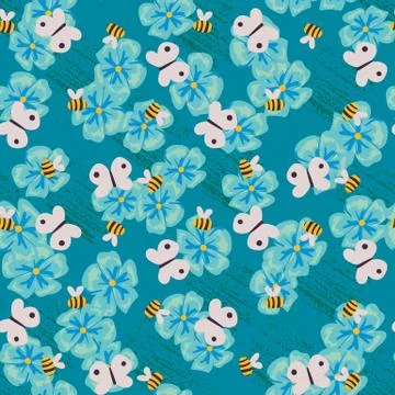 Flowers and pollinators seamless vector pattern Stock Illustration