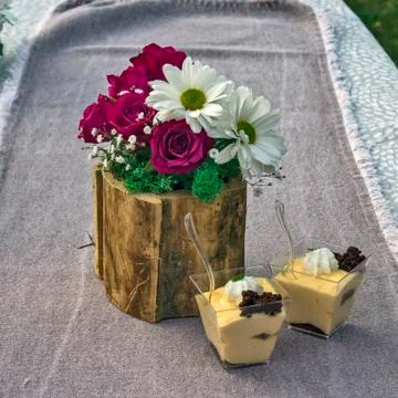 Flowers and pudding Stock Photos