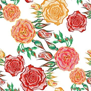Flowers Are A Seamless Pattern . Red and orange roses on a white background. Stock Illustration