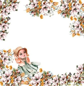 Flowers autumn square frame, border for card. Watercolor illustration for scr Illustrazione stock