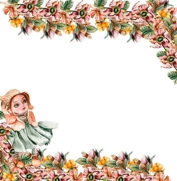 Flowers autumn square frame, border for card. Watercolor illustration for scr Stock Illustration