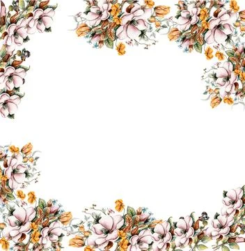 Flowers autumn square frame, border for card. Watercolor illustration for scr Stock Illustration