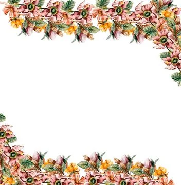 Flowers autumn square frame, border for card. Watercolor illustration for scr Stock Illustration
