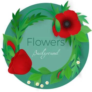 Flowers background with full blooming red poppies with green leaves Stock Illustration