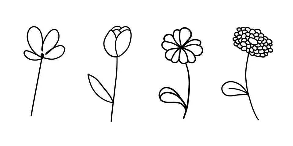 Flowers black and white set in outline doodle style. Illustrazione stock