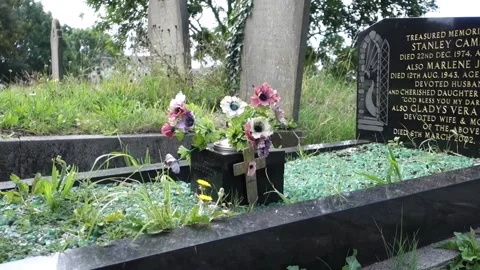 Flowers on a black marble grave Stock Footage 138527652