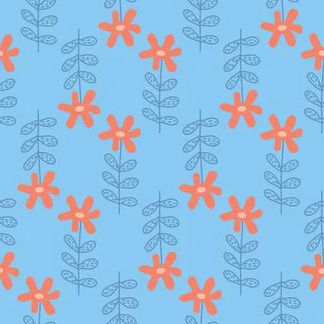 Flowers on blue background seamless pattern, illustration simple flat art Illustrazione stock